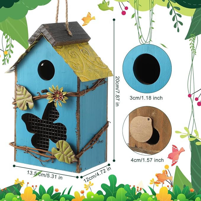 DoubleFill 2 Pcs Birdhouses for Outdoor Hanging Yard Outside Wooden Birdhouse Hand Painted Bird Box for Bird Lovers Bluebird Tree Garden Decor Decorative Birdhouse(Blue,Light Green,Iron Roof)
