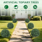 Artificial Boxwood Topiary Trees with Ground Spike,4 Pieces Fake Boxwood Ball Shrubs Bushes, UV Resistant Faux Evergreen Cypress Tree Plants for Indoor Outdoor Planters Front Porch