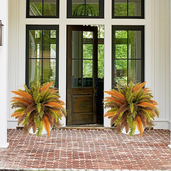 42” Artificial Boston Fern Bush Plant, 2 Faux Ferns for Outdoors Large, Fake Ferns Realistic Artificial Plants with 65 Fronds for Garden Porch Patio Home Office Living Room Decor Yellow