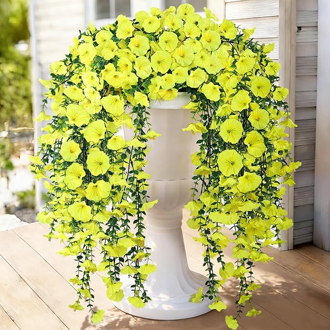 Artificial Hanging Flowers for Outdoors, 2 PCS 300 Blooms UV Resistant Morning Glory Faux Silk Vines, No-Odor Realistic Fake Plants for Garden Planter Porch Patio Decoration, Yellow