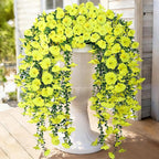 Artificial Hanging Flowers for Outdoors, 2 PCS 300 Blooms UV Resistant Morning Glory Faux Silk Vines, No-Odor Realistic Fake Plants for Garden Planter Porch Patio Decoration, Yellow