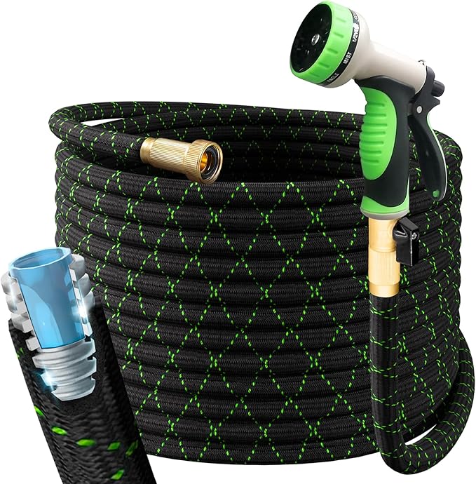 PowerFlow Garden Hose, NON-EXPANDABLE 100ft Premium Quality Stainless Steel Metal Water Hose with Durable Fabric Skin, Hose For Commercial, Residential Use, Bonus 10-way Spray Nozzle (100 Ft, Black)