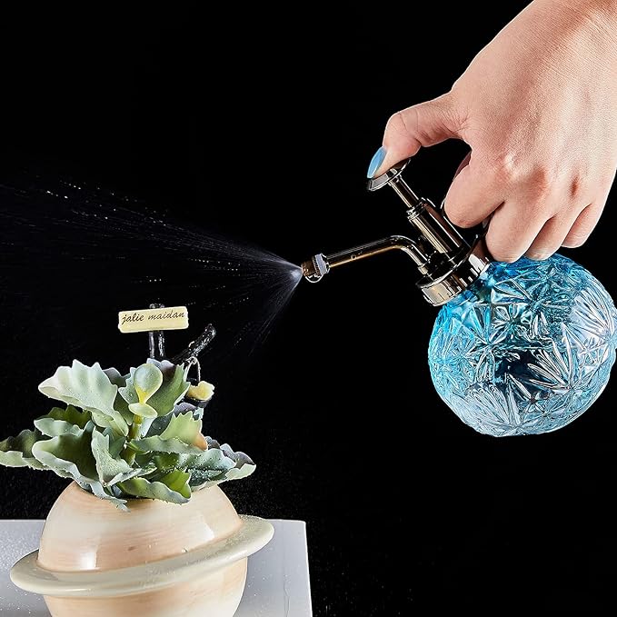 Glass Plant Mister Water Spray Bottle, Succulent Watering Bottle with Plastic Top Pump, Vintage Style Plant Sprayer, Small Watering Can for Indoor Outdoor House Plants - Blue