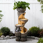 4 Tiered Water Fountain Outdoor, 35.6" Tall Cascading Bowl Leaf Carved Outdoor Waterfall Fountains Modern Water Feature with Dual Planters for Garden, Patio,Deck, Yard, Indoor Decor