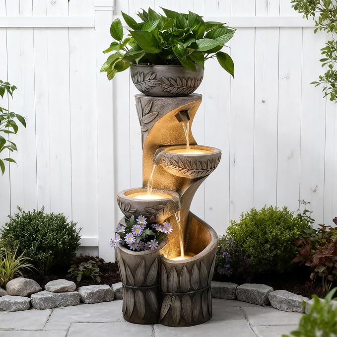 4 Tiered Water Fountain Outdoor, 35.6" Tall Cascading Bowl Leaf Carved Outdoor Waterfall Fountains Modern Water Feature with Dual Planters for Garden, Patio,Deck, Yard, Indoor Decor