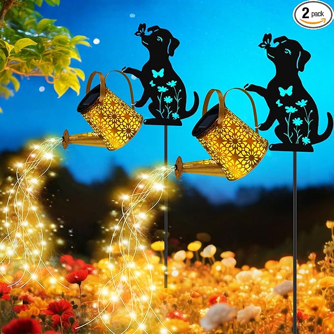 Solar Lights Outdoor, Dog Solar Watering_Can Lights, Birthday Gifts for Women Mom Mother's Day Christmas, Waterproof Metal Hanging Lantern Garden Decor Outside Patio Yard Pathway Backyard, 2 Pack