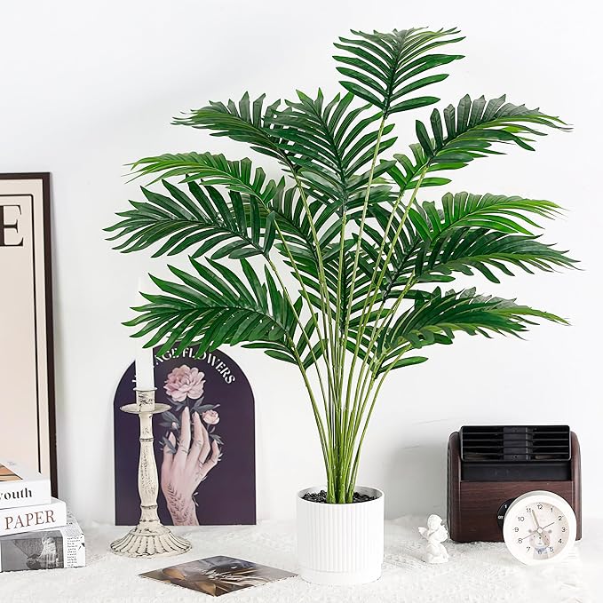 Der Rose 28'' Artificial Palm Tree Tall Fake Tropical Faux Trees Indoor and Outdoor for Home Bathroom Porch Outside Patio Decor (White Pot) (Pack of 2)
