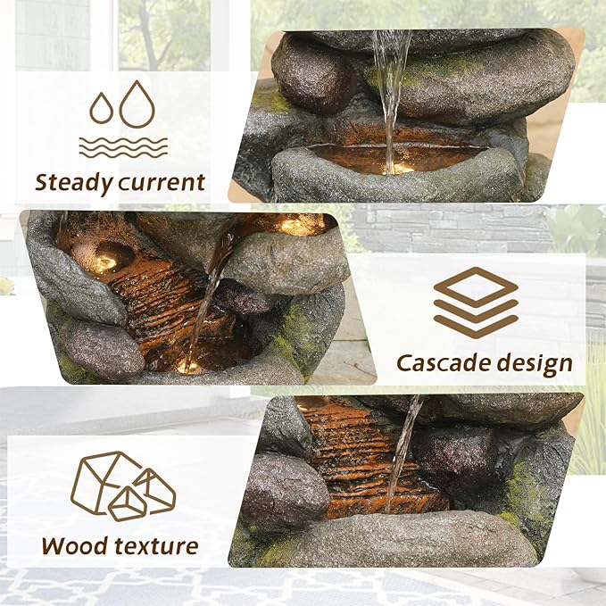 Sunlinua 42" H Outdoor Water Fountain with 5 Tiers Large Cascading Realistic Tree Trunk Waterfall Fountains with LED Lights Outdoor Water Fountain for Garden Patio Backyard Porch Home Decor
