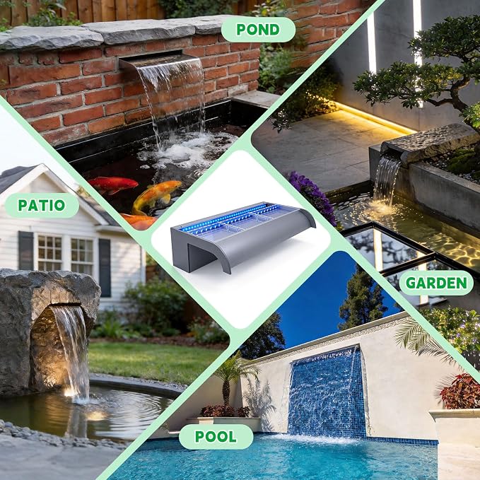 with lid Pool Fountain, LONGRUN Waterfall Spillway for Koi Ponds - 23.6" Transparent Acrylic Waterfall with APP Control & Multi-Color LED Lights for Swimming Pool, Garden Pond, Patios, Spa Decoration