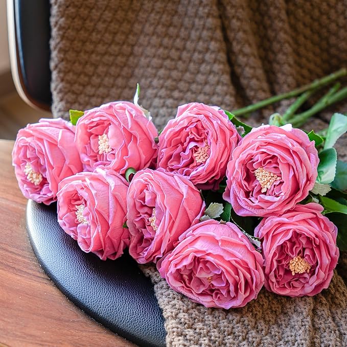 DUYONE Fake Flowers for Decoration Home Decor Artificial Flowers Austin Rose Peony Latex Fake Flower Living Room Decoration Vivid Pink Roses Peonies (Rose red 4pcs)