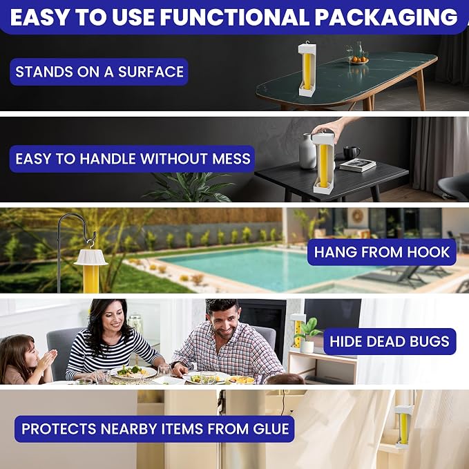 Fly Stick Sticky Fly Traps for Indoors Outdoor 4pk with 12 Ribbons. Non-Toxic Super Sticky Hanging Flies Catcher Paper Tape Strips for Home