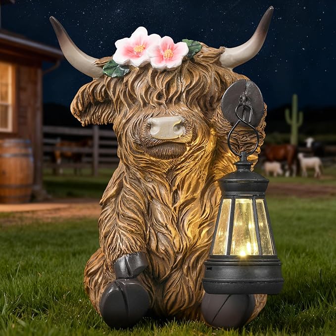 Solar Highland Cow Garden Outdoor Statue,Cow Figurines Sculpture with LED Light,Farmhouse Decor,Patio Balcony Yard for Pasture & Farm Theme Mother's Day Housewarming Gift for Women Mom Grandma