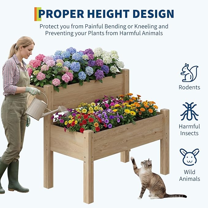 GarveeLife 34x34x29inches Two-Tier Wooden Raised Garden Bed with Legs, Large Elevated Outdoor Planter Box with 8 Drainage Holes, 352 Lbs Capacity for Vegetables, Herbs, Flowers, Backyard, Patio
