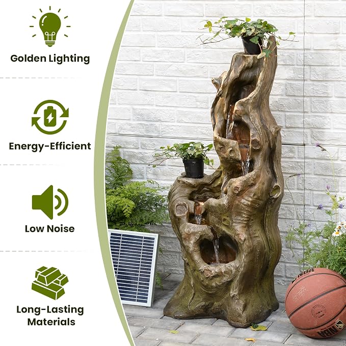 Sunlinua Solar Water Fountain Outdoor 5-Tiers Large Cascading Realistic Tree Trunk Natural Waterfall Outdoor Fountains Resin Imitation Wood with LED Lights for Garden, Patio, Porch