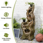 Sunlinua Solar Water Fountain Outdoor 5-Tiers Large Cascading Realistic Tree Trunk Natural Waterfall Outdoor Fountains Resin Imitation Wood with LED Lights for Garden, Patio, Porch
