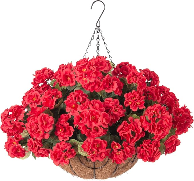 INSPRING Geraniums Artificial Flowers Hanging Basket for Outdoors Outside Spring Decoration, 8 Bundles Silk Flowers Fake Plants Look Real UV Resistant for Porch Home Patio Balcony Yard, Red