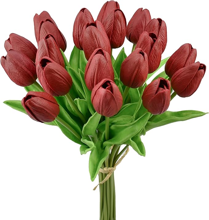 Mandy's Burgundy Artificial Tulips Flowers Centerpiece, 13.5" Lifelike PU Fake Floral Stems 20pcs for Kitchen Island & Dining Table, Spring Decor for Easter