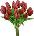 Mandy's Burgundy Artificial Tulips Flowers Centerpiece, 13.5" Lifelike PU Fake Floral Stems 20pcs for Kitchen Island & Dining Table, Spring Decor for Easter