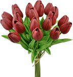 Mandy's Burgundy Artificial Tulips Flowers Centerpiece, 13.5" Lifelike PU Fake Floral Stems 20pcs for Kitchen Island & Dining Table, Spring Decor for Easter