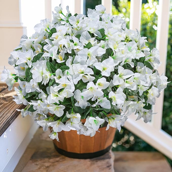 Ivydale Bougainvillea Artificial Flowers for Outdoors Spring Decor, 4 Bundles White Fake Outside Flowers Silk UV Resistant Realistic Faux Plants for Outdoor Planters Porch Patio Window Garden