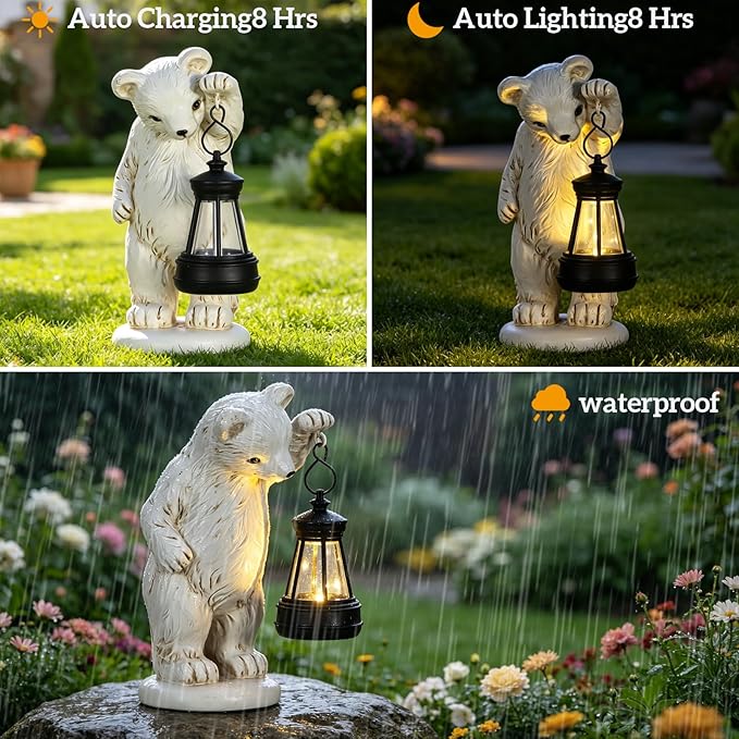 mocosa Solar Garden Statues Bear and LED Lights Birthday Gifts for Women Mom Grandma Solar Outdoor Cat Decor for Outside,Outdoor Solar Lights for Yard, Garden and Patio, Unique Gift for Women