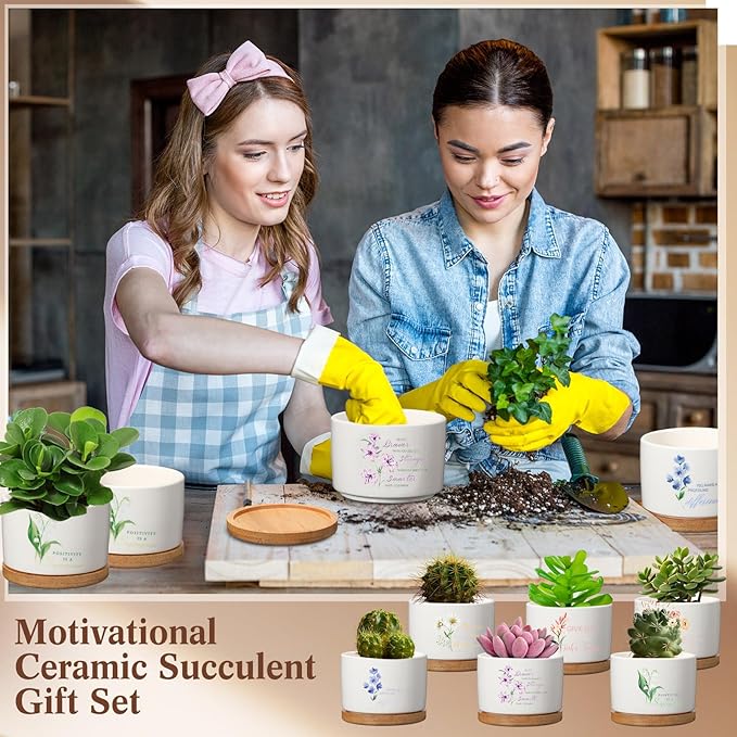 Funnymoom 6 Pcs Inspirational Succulent Pot Bulk Teacher Appreciation Gift Floral Ceramic Planter with Bamboo Tray Thank You Gifts for Volunteer Coworker Employee Office, Plant Excluded (Classic)