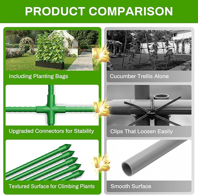Large Cucumber Trellis with Grow Bag, 65" Tall Metal Garden Trellis for Climbing Plants Outdoor, Reusable Cucumber Trellis for Raised Bed with Netting for Tomatoes, Peas, Grapes Plant Support