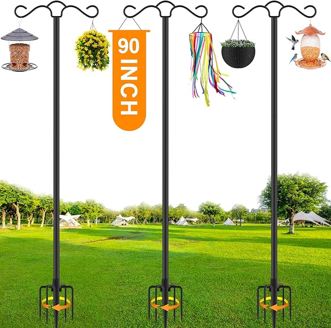 SINLEY Double Shepherds Hook for Outdoor with 5 Prong Base Heavy Duty Two Sided Bird Feeder Pole for Hanging Lantern,Hummingbird Feeder,Lightweight Plant,Shepherds Hook (3 Pack 90 inch)