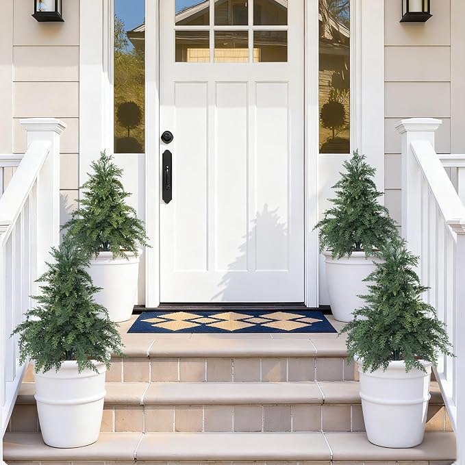 Artificial Cedar Topiary Trees with Ground Spike, 2 Pack Fake Pine Shrubs Bushes, UV Resistant Faux Evergreen Cypress Tree Plants for Indoor Outdoor Planters Front Porch