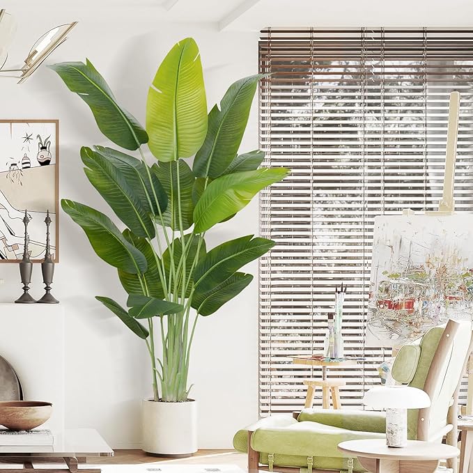 Artificial Bird of Paradise Plant 6.5Ft Tall Fake Tropical Palm Tree Large Fake Plants with 15 Silk Banana Leaves Faux Plant Indoor Decor Trees White Pot for Home Bedroom Living Room Office 2pcs