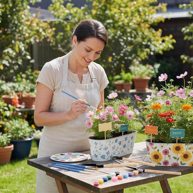 6 Sets Flower Pot Painting Kit DIY 6 Large Spring Metal Iron Plant Pots with Acrylic Paint Stickers Brushes Plant Labels Gardening Tools Kit for Planting Crafts Spring Birthday Easter Gift