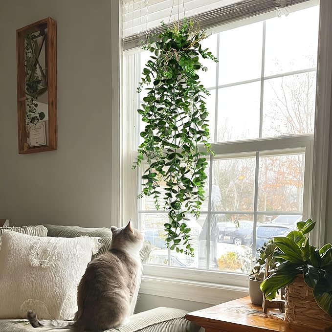 2 Pcs Faux Eucalyptus Vine Ivy Vine Artificial Hanging Plant Faux Plant Fake Potted Greenery for Wall Living Room Home Shelf Office Bathroom Outdoor Indoor Decor (Type 2)