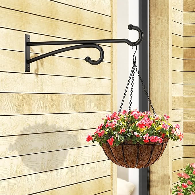 12" Plant Hanger Hook Outdoor Indoor – Planter Hooks for Hanging Plants, Plant Wall Hooks, Brackets for Hanging Plants, Baskets, Wind Chimes, Bird Feeders, Lanterns, Bird Houses (Black, Metal, 2-Pack)