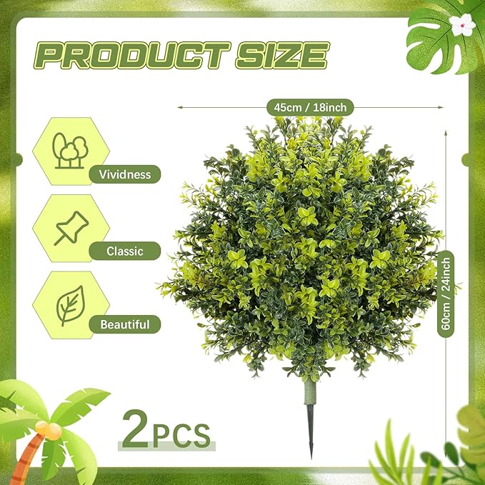 CroBlissful 2 Pack Artificial Boxwood Topiary Ball 24'' Faux Boxwood Tree with Ground Spike UV Resistant Evergreen Bush Fake Outdoor Plants for Front Door Porch Garden Yard Wedding Indoor Decor