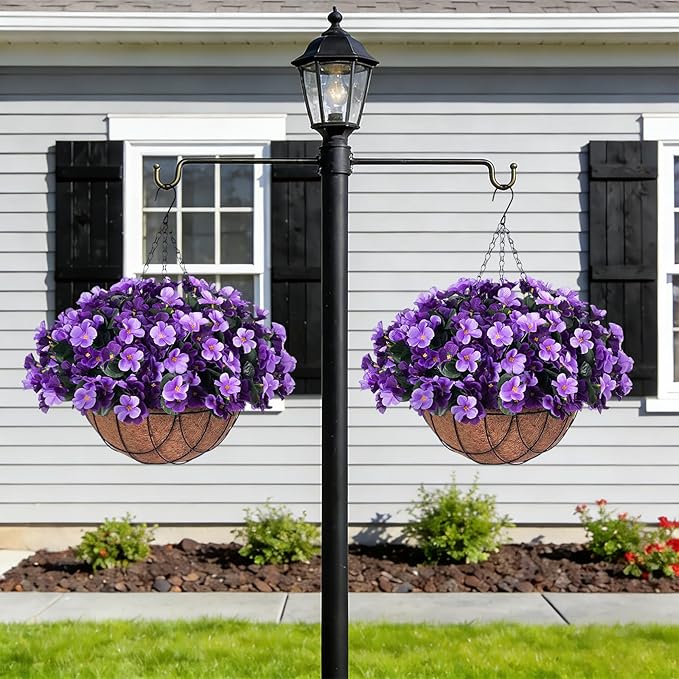 INXUGAO Artificial Hanging Flowers with Basket for Outdoor, Fake Hydrangea UV Resistant Arrangements in Pot Planter Spring Summer Decor for Indoor Porch Garden Yard(Double Violet)