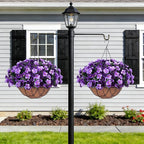 INXUGAO Artificial Hanging Flowers with Basket for Outdoor, Fake Hydrangea UV Resistant Arrangements in Pot Planter Spring Summer Decor for Indoor Porch Garden Yard(Double Violet)