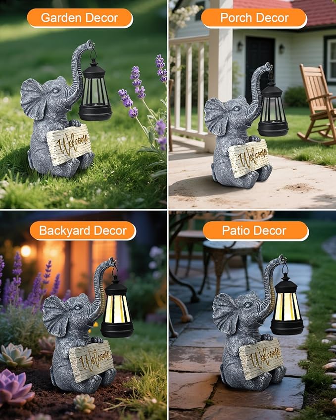 Outdoor Elephant Statues Solar Garden Decor Lights - Elephant Decoration for Garden, Balcony, Patio, Yard, Lawn - Housewarming, Fathers Day, Unique Birthday Gifts for Women Mom Grandma(Gold)