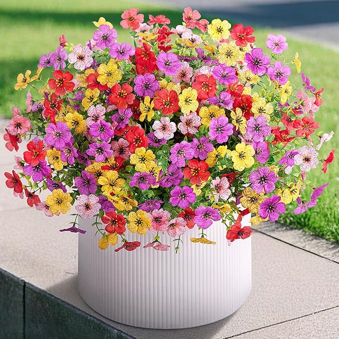 INXUGAO Artificial Fake Flowers Plants for Outdoor Spring Summer Decor, 12 Bundles Faux Silk Flowers for Outdoor Outside Planter Colorful Daisy UV Resistant Look Real for Front Door Porch Patio Yard