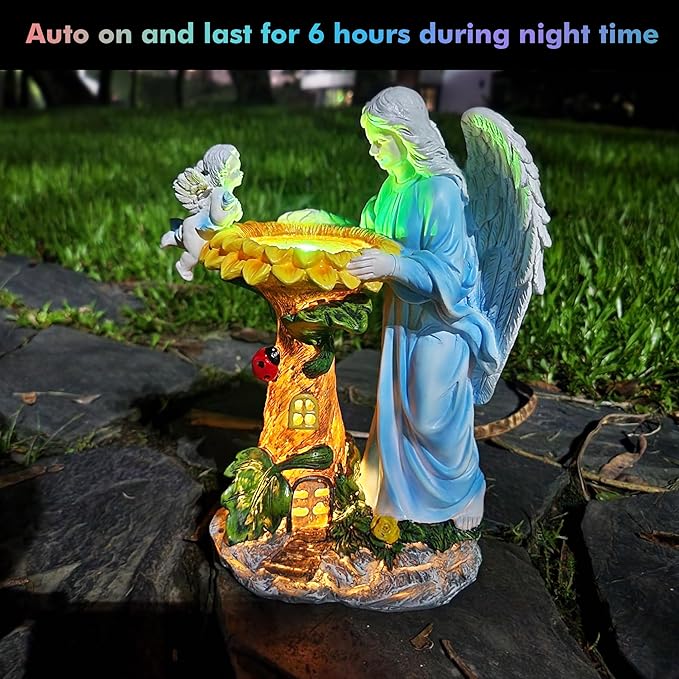 Voveexy Solar Garden Statue, Angel Outdoor Decor with Color Changing Light Garden Figurine Sunflower Outdoor Statue Waterproof Sculpture Lawn Ornament for Patio Backyard Christmas Birthday Present
