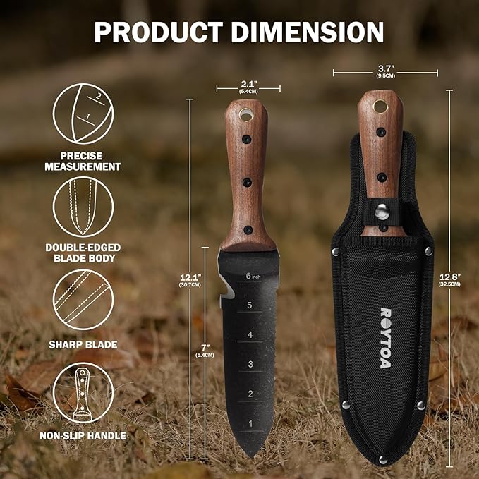 ROYTOA Hori Hori Garden Knife, Garden Tools with Sheath for Weeding,Planting,Digging, 7" Stainless Steel Blade with Cutting Edge, Full-Tang Walnut Wood Handle with Hanging Hole