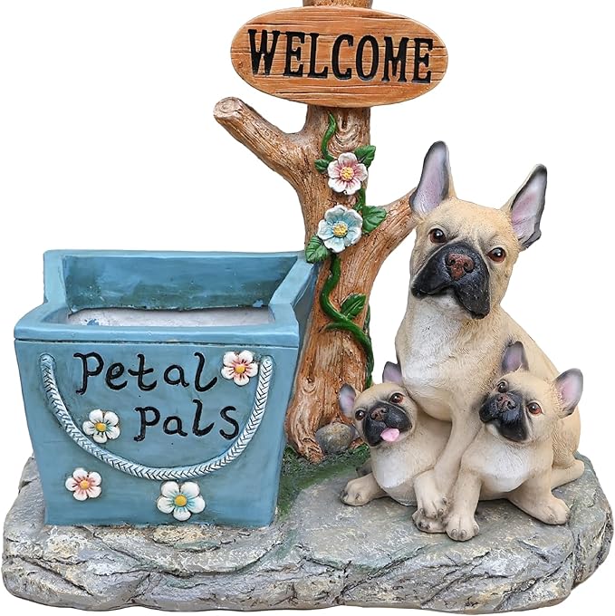 Animal Outdoor Statue Planter Solar Light Welcome Garden Sculpture Resin Flower Pot Decorative Porch Patio Yard Lawn Entryway Figurine with LED Lamp Rustic Plant Holder Ornament Courtyard (J)