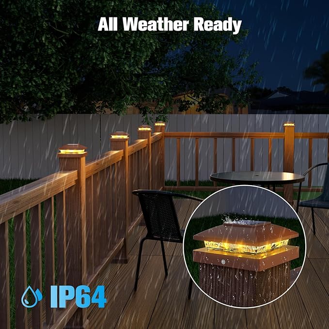 VOLISUN 4x4 Solar Post Cap Light 8pack,Solar Fence - Post Lights Brown Outdoor Waterproof for Wooden/Vinyl Post, with Warm White for Deck