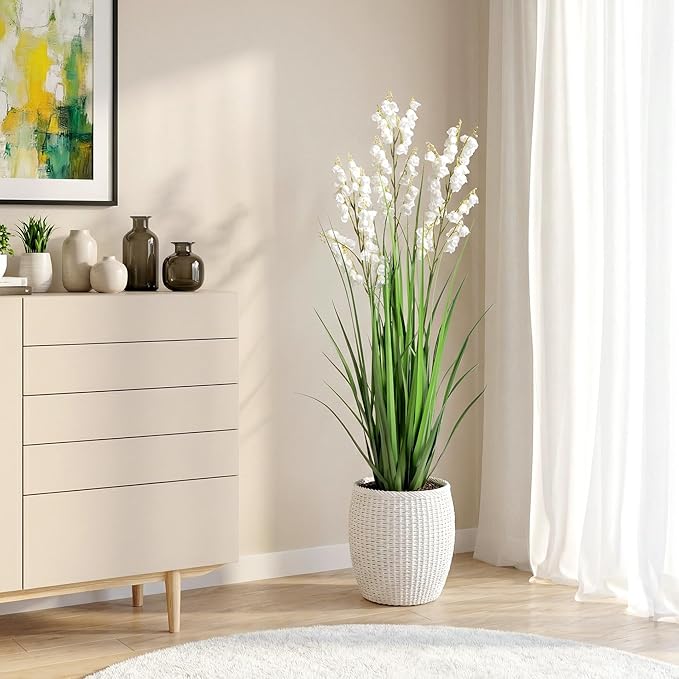 Ttranewsoo Artificial Tall Grass Plants with Pots 36" 1 Pack Lily of The Valley Artificial Grass Home Interior Decorating and Outdoor Garden Decorations(White)