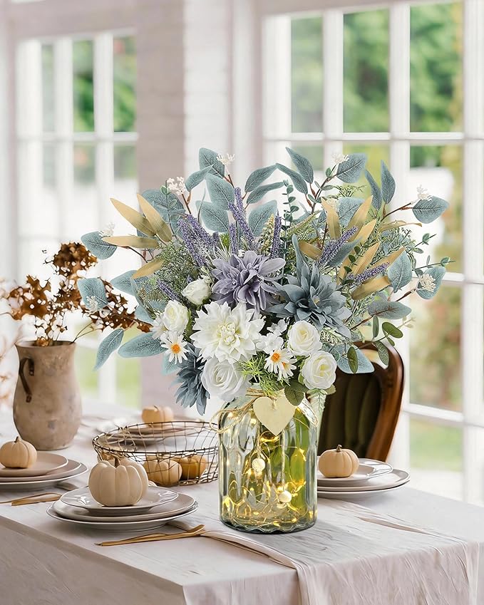 Fake Flowers with Vase, Silk Dusty Blue Rose Hydrangea Lavender Artificial Cemetery Flowers in Vase Faux Dahlia Flowers Arrangement for Table Centerpiece Summer Spring Gravesites Grave Home Decor
