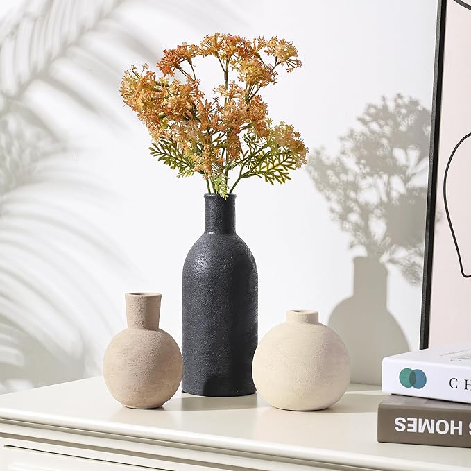 Ceramic Vase Set, Small Rustic Distressed Flower Vase in Pottery Decor, Modern Boho Farmhouse Decor for Pampa Grass, Dried & Fresh Flowers, Decorative Vase for Living Room, Kitchen, Entryway, Black