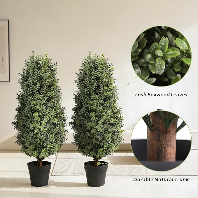 35inch Artificial Topiary Boxwood Tree, Faux Plants Outdoor 2 Packs Fake Bushes Faux Shrub, Artificial Topiary for Outdoors for Home Decor Indoor Front Porch