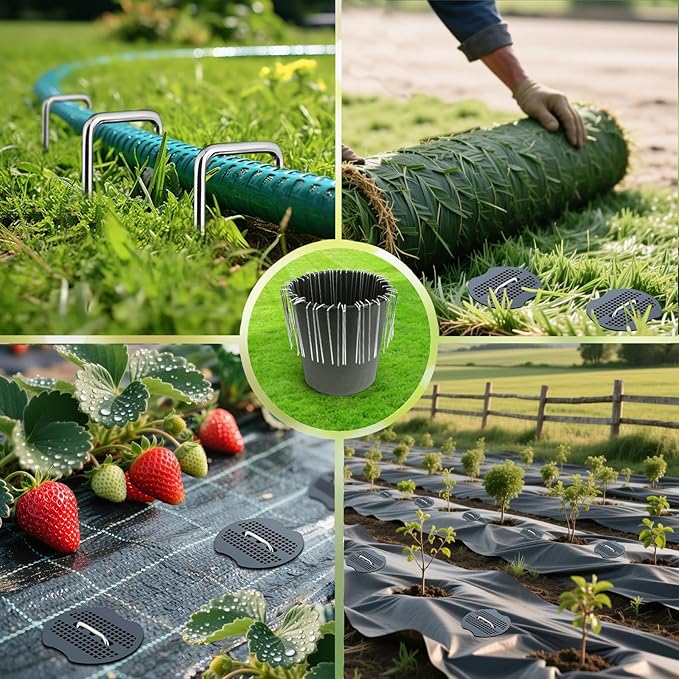 6 Inch Landscape Staples Set, 11 Gauge Galvanized U-Shaped Garden Stakes (200 Pack) with Gaskets, Hook Tool & Rubber Mallet for Weed Fabric & Landscaping