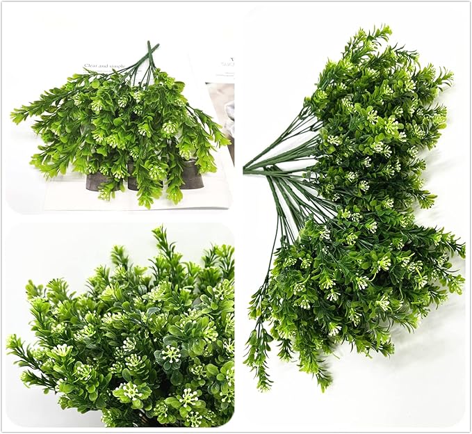 PASYOU Artificial Shrubs, Plastic Plants Fake Bean Shrub Bushes Grass Greenery Leaves Bush Indoor Outdoor Home Garden Party Verandah Wedding DIY Table Arrangement Decoration Planter Filler 8 Pack