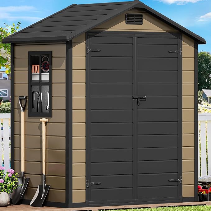 DWVO 6x4 FT Storage Shed Plastic with Floor, Outdoor Storage Shed with Lockable Door, Window and Vents, Waterproof Plastic Tool Storage for Garden, Patio, Backyard, Lawn
