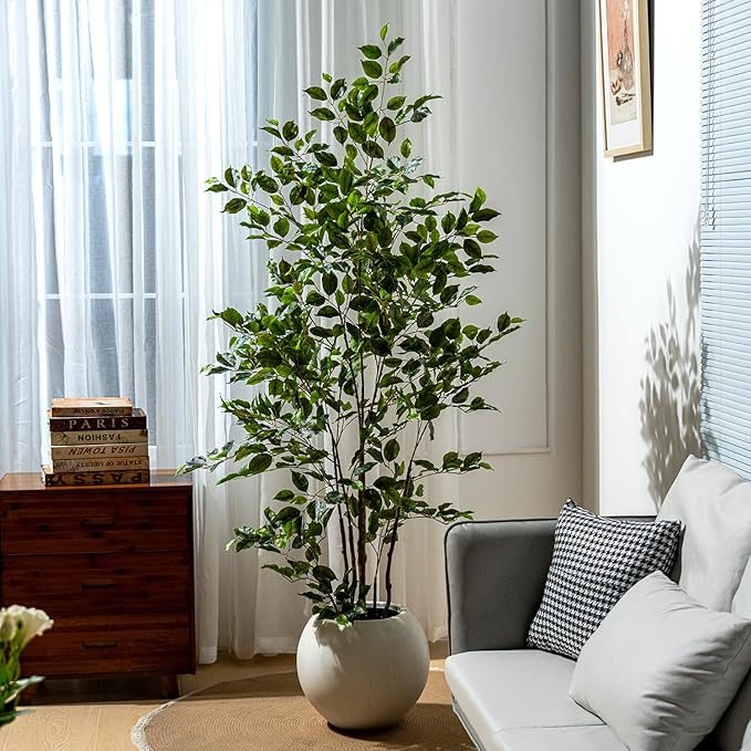 Bailikang Artificial Ficus Tree Indoor 6ft, Large Potted Faux Tree with Realistic Silk Leaves & Trunk for Home Office, Living Room Corner Decor